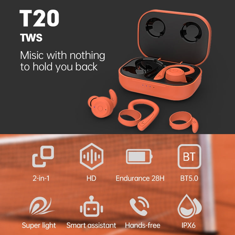 T20 TWS Bluetooth Hooks Wireless Sports Headphones with Charging Box IPX6 Waterproof Noise-cancelling Earphones(Gray) - Bluetooth Earphone by buy2fix | Online Shopping UK | buy2fix