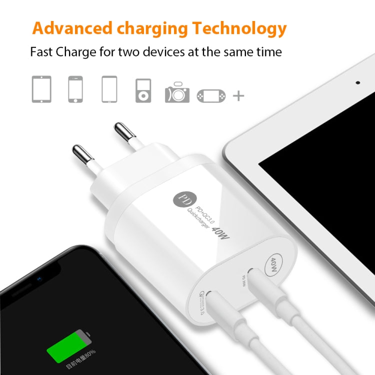 40W Dual Port PD / Type-C Fast Charger for iPhone / iPad Series, EU Plug(White) - Apple Accessories by buy2fix | Online Shopping UK | buy2fix