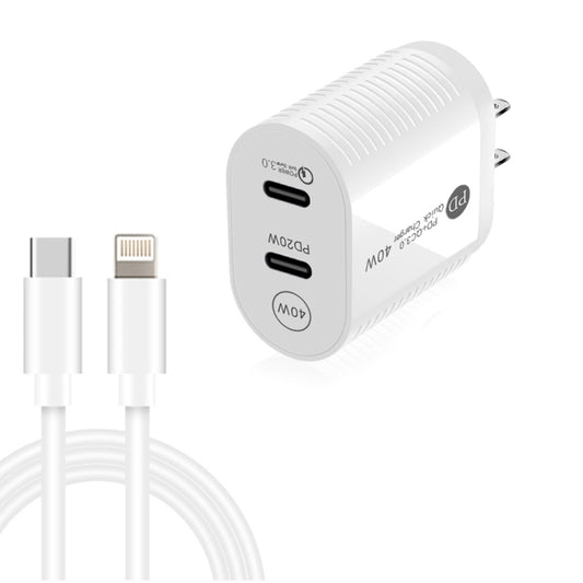 40W Dual Port PD / Type-C Fast Charger with Type-C to 8 Pin Data Cable, US Plug(White) - USB Charger by buy2fix | Online Shopping UK | buy2fix