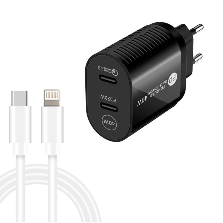 40W Dual Port PD / Type-C Fast Charger with Type-C to 8 Pin Data Cable, EU Plug(Black) - Apple Accessories by buy2fix | Online Shopping UK | buy2fix