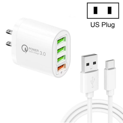QC-04 QC3.0 + 3 x USB2.0 Multi-ports Charger with 3A USB to Type-C Data Cable, US Plug(White) - Mobile Accessories by buy2fix | Online Shopping UK | buy2fix