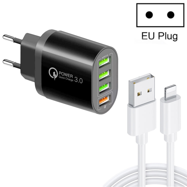 QC-04 QC3.0 + 3 x USB2.0 Multi-ports Charger with 3A USB to 8 Pin Data Cable, EU Plug(Black) - Apple Accessories by buy2fix | Online Shopping UK | buy2fix