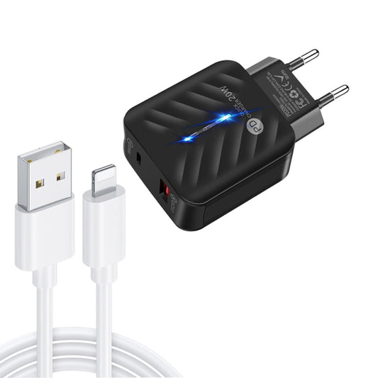 PD03 20W PD3.0 + QC3.0 USB Charger with USB to 8 Pin Data Cable, EU Plug(Black) - USB Charger by buy2fix | Online Shopping UK | buy2fix