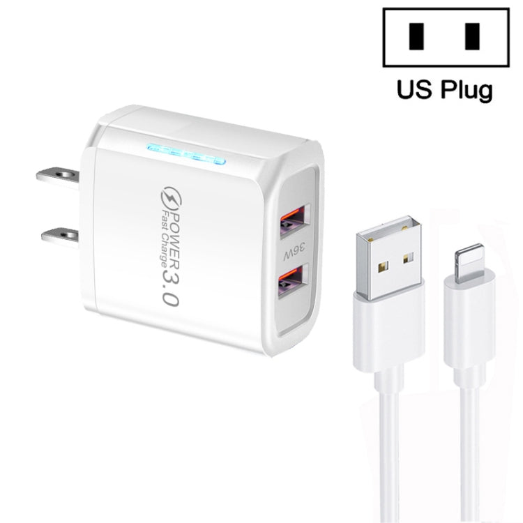 36W Dual Port QC3.0 USB Charger with 3A USB to 8 Pin Data Cable, US Plug(White) - USB Charger by buy2fix | Online Shopping UK | buy2fix