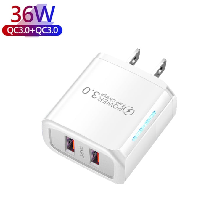 36W Dual Port QC3.0 USB Charger with 3A USB to 8 Pin Data Cable, US Plug(White) - USB Charger by buy2fix | Online Shopping UK | buy2fix