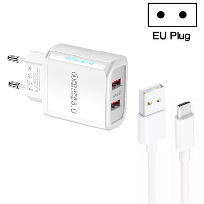 36W Dual Port QC3.0 USB Charger with 3A USB to Type-C Data Cable , EU Plug(White) - Mobile Accessories by buy2fix | Online Shopping UK | buy2fix