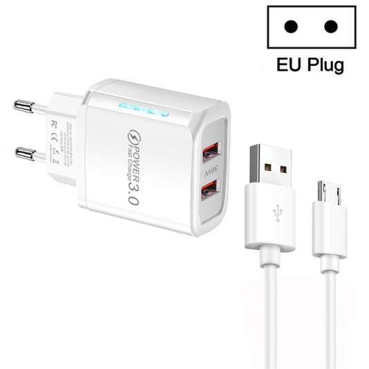 36W Dual Port QC3.0 USB Charger with 3A USB to Micro USB Data Cable, EU Plug(White) - Mobile Accessories by buy2fix | Online Shopping UK | buy2fix