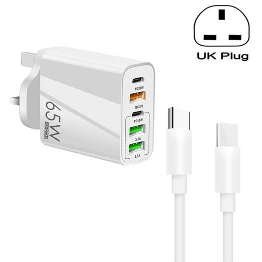 65W Dual PD Type-C + 3 x USB Multi Port Charger with 3A Type-C to Type-C Data Cable, UK Plug(White) - Mobile Accessories by buy2fix | Online Shopping UK | buy2fix