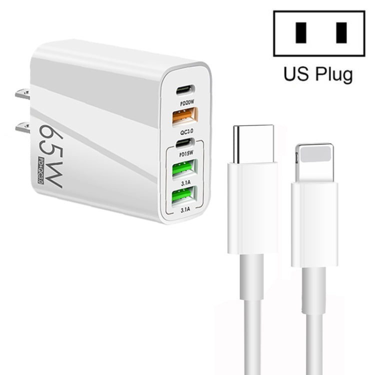 65W Dual PD Type-C + 3 x USB Multi Port Charger with 3A Type-C to 8 Pin Data Cable, US Plug(White) - Apple Accessories by buy2fix | Online Shopping UK | buy2fix