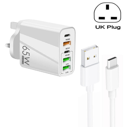 65W Dual PD Type-C + 3 x USB Multi Port Charger with 3A USB to Type-C Data Cable, UK Plug(White) - Mobile Accessories by buy2fix | Online Shopping UK | buy2fix