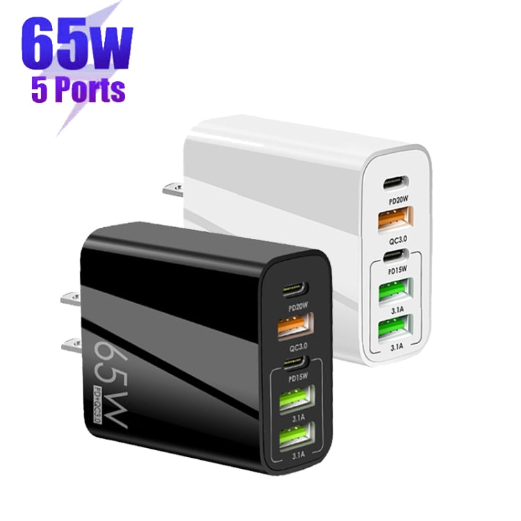 65W Dual PD Type-C + 3 x USB Multi Port Charger with 3A USB to Micro USB Data Cable, US Plug(Black) - Mobile Accessories by buy2fix | Online Shopping UK | buy2fix