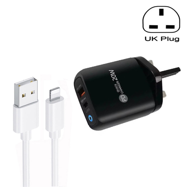 PD04 Type-C + USB Mobile Phone Charger with USB to 8 Pin Cable, UK Plug(Black) - USB Charger by buy2fix | Online Shopping UK | buy2fix