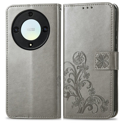 For Honor Magic5 Lite Four-leaf Clasp Embossed Buckle Leather Phone Case(Gray) - Honor Cases by buy2fix | Online Shopping UK | buy2fix