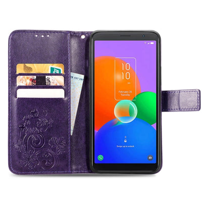 For TCL 403 Four-leaf Clasp Embossed Buckle Leather Phone Case(Purple) - More Brand by buy2fix | Online Shopping UK | buy2fix