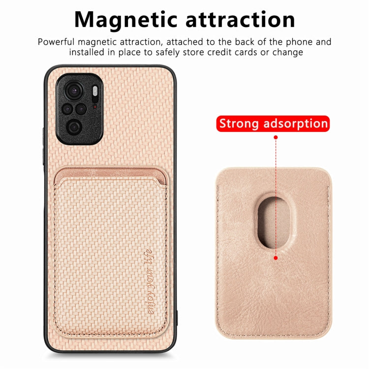 For Redmi Note 10 4G Carbon Fiber Leather Card Magsafe Phone Case(Khaki) - Xiaomi Cases by buy2fix | Online Shopping UK | buy2fix