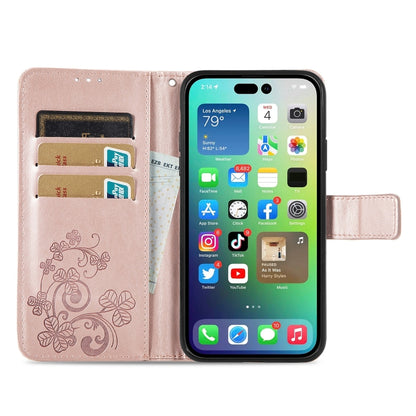 For iPhone 15 Plus Four-leaf Clasp Embossed Buckle Leather Phone Case(Rose Gold) - iPhone 15 Plus Cases by buy2fix | Online Shopping UK | buy2fix