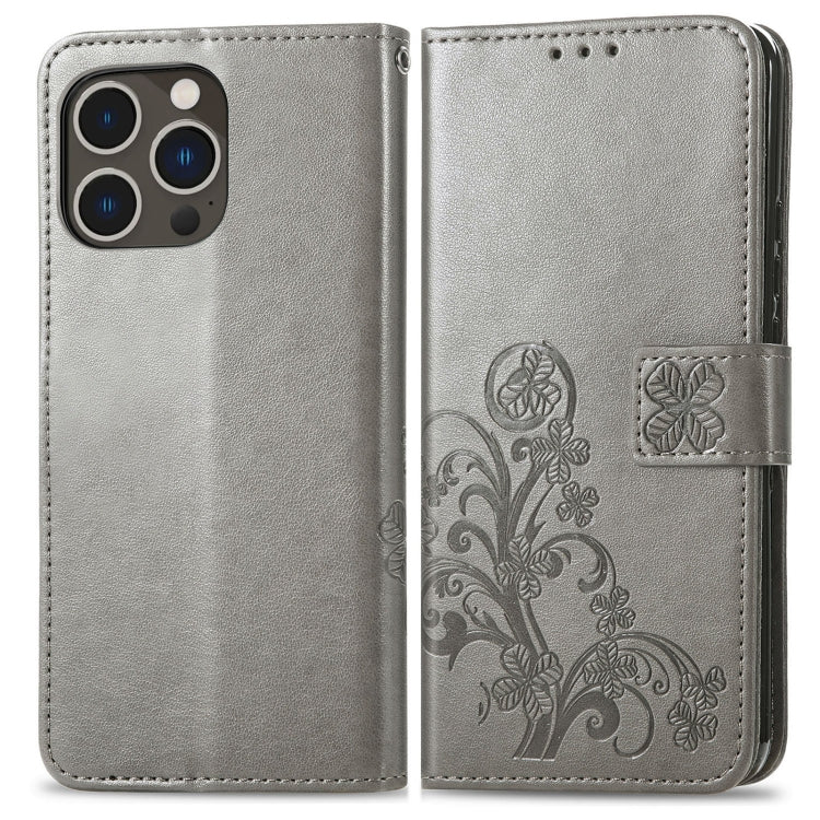 For iPhone 15 Pro Four-leaf Clasp Embossed Buckle Leather Phone Case(Gray) - iPhone 15 Pro Cases by buy2fix | Online Shopping UK | buy2fix