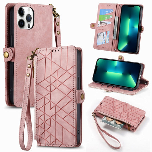 For iPhone 13 Pro Max Geometric Zipper Wallet Side Buckle Leather Phone Case(Pink) - iPhone 13 Pro Max Cases by buy2fix | Online Shopping UK | buy2fix