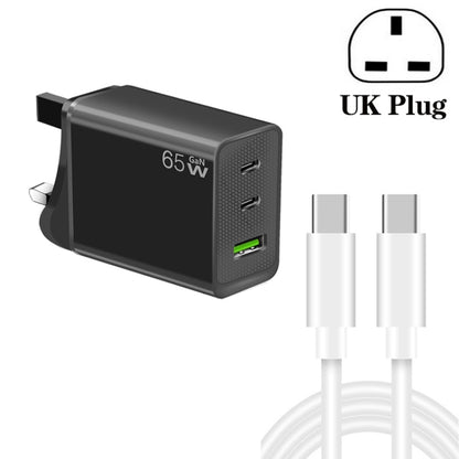 GaN PD65W Type-C x 2 + USB3.0 Charger with Type-C to Type-C Data Cable ,UK Plug(Black) - USB Charger by buy2fix | Online Shopping UK | buy2fix