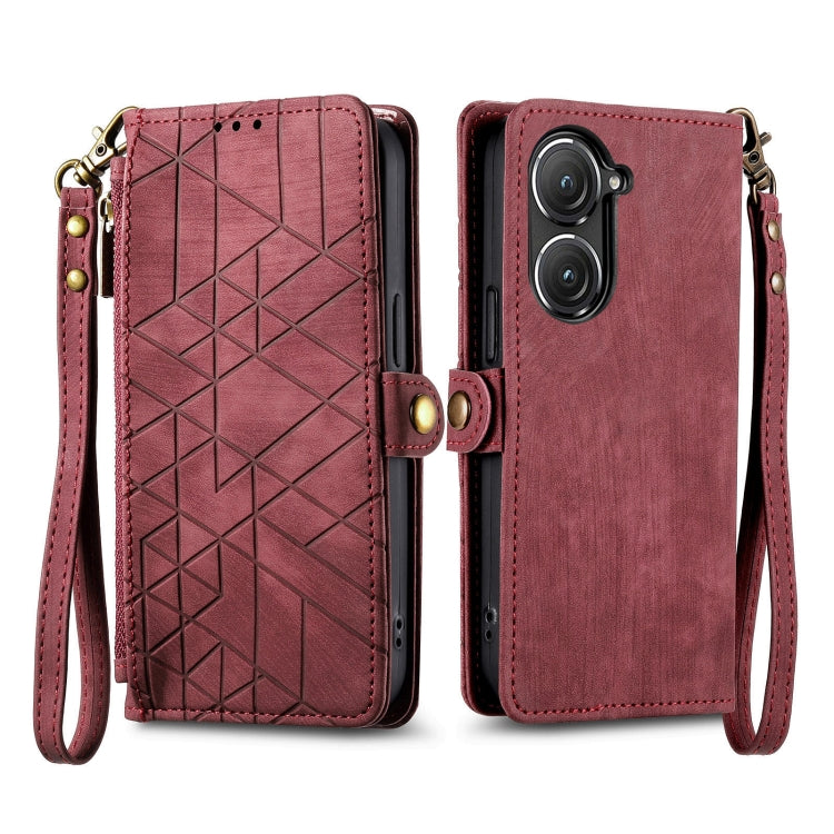 For ASUS Zenfone 9 Geometric Zipper Wallet Side Buckle Leather Phone Case(Red) - ASUS Cases by buy2fix | Online Shopping UK | buy2fix