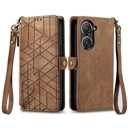 For ASUS Zenfone 9 Geometric Zipper Wallet Side Buckle Leather Phone Case(Brown) - ASUS Cases by buy2fix | Online Shopping UK | buy2fix