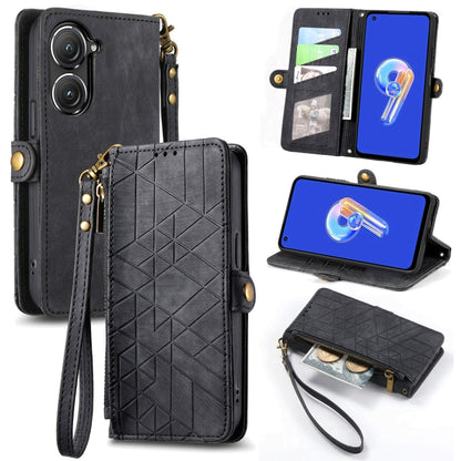 For ASUS Zenfone 10 Geometric Zipper Wallet Side Buckle Leather Phone Case(Black) - ASUS Cases by buy2fix | Online Shopping UK | buy2fix