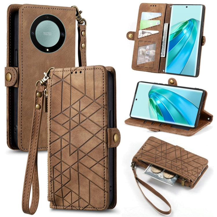 For Honor X9A Geometric Zipper Wallet Side Buckle Leather Phone Case(Brown) - Honor Cases by buy2fix | Online Shopping UK | buy2fix