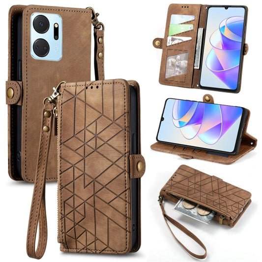 For Honor X7A Geometric Zipper Wallet Side Buckle Leather Phone Case(Brown) - Honor Cases by buy2fix | Online Shopping UK | buy2fix