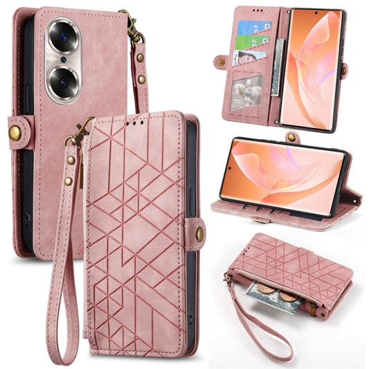 For Honor 60 Pro Geometric Zipper Wallet Side Buckle Leather Phone Case(Pink) - Honor Cases by buy2fix | Online Shopping UK | buy2fix