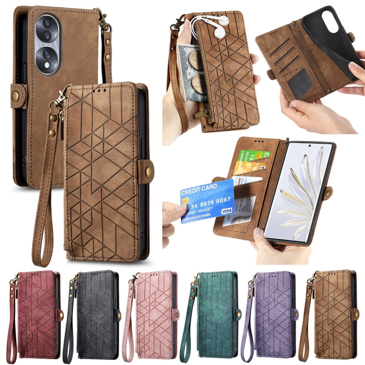 For Honor 80 SE Geometric Zipper Wallet Side Buckle Leather Phone Case(Brown) - Honor Cases by buy2fix | Online Shopping UK | buy2fix