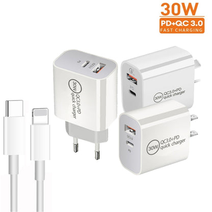 PD30W USB-C / Type-C + QC3.0 USB Dual Port Charger with 1m Type-C to 8 Pin Data Cable, AU Plug - USB Charger by buy2fix | Online Shopping UK | buy2fix