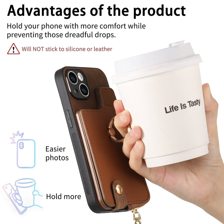 For iPhone 15 Pro Max Cross Leather Ring Vertical Zipper Wallet Back Phone Case(Brown) - iPhone 15 Pro Max Cases by buy2fix | Online Shopping UK | buy2fix