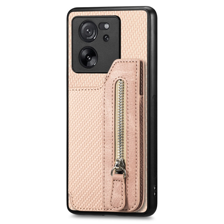 For Xiaomi 13T / 13T Pro Carbon Fiber Flip Zipper Wallet Phone Case(Apricot) - Xiaomi Cases by buy2fix | Online Shopping UK | buy2fix