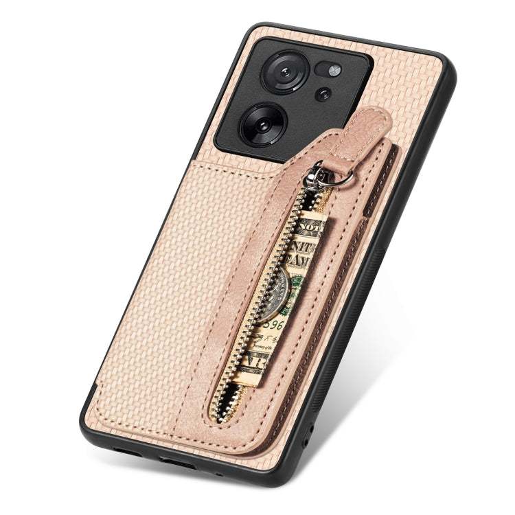 For Xiaomi 13T / 13T Pro Carbon Fiber Flip Zipper Wallet Phone Case(Apricot) - Xiaomi Cases by buy2fix | Online Shopping UK | buy2fix