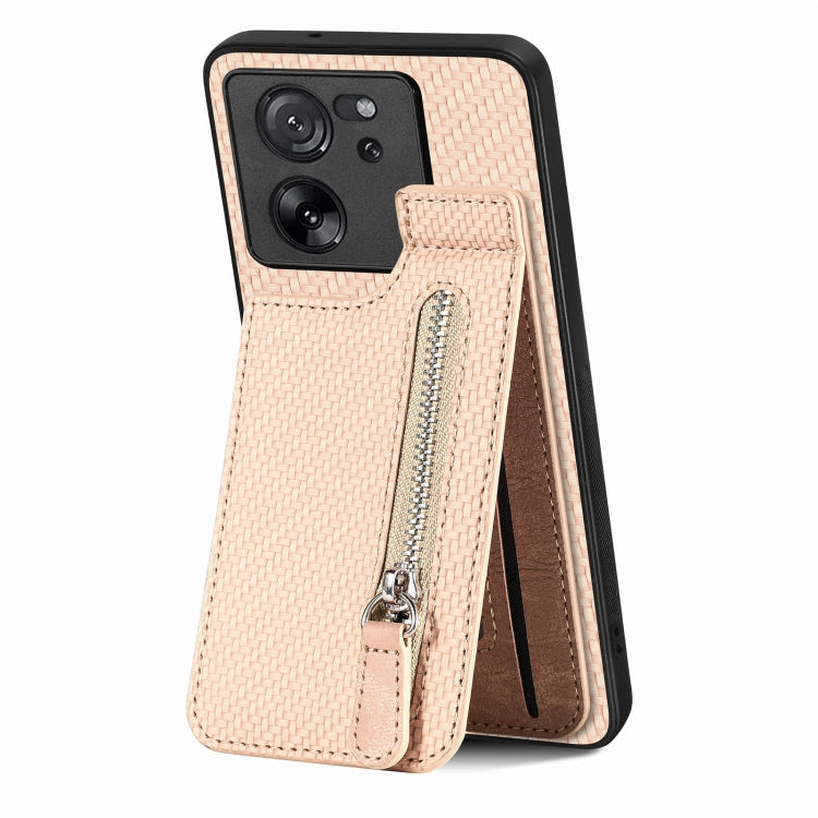 For Xiaomi 13T / 13T Pro Carbon Fiber Vertical Flip Zipper Phone Case(Apricot) - Xiaomi Cases by buy2fix | Online Shopping UK | buy2fix