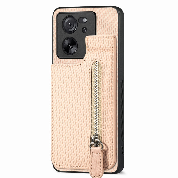 For Xiaomi 13T / 13T Pro Carbon Fiber Vertical Flip Zipper Phone Case(Apricot) - Xiaomi Cases by buy2fix | Online Shopping UK | buy2fix