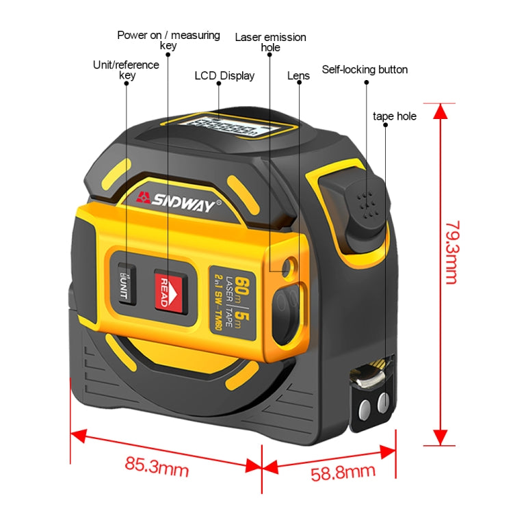 SNDWAY SW-TM60 60m Digital Rangefinder Laser Distance Meter Tape Multi-function Self-Locking Hand Tool Device - Laser Rangefinder by SNDWAY | Online Shopping UK | buy2fix