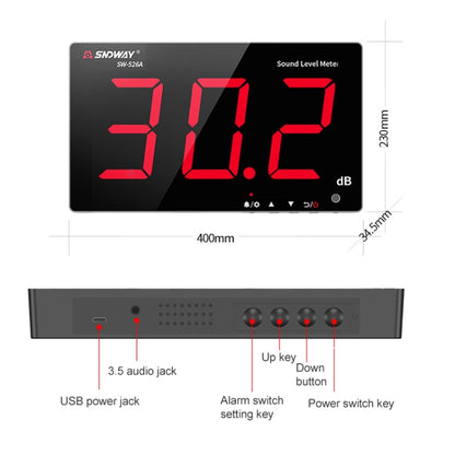 SNDWAY Wall-mounted 30~130dB Large Screen Digital Display Noise Decibel Monitoring Testers, Specification:SW526A 18 inch Display - Light & Sound Meter by SNDWAY | Online Shopping UK | buy2fix