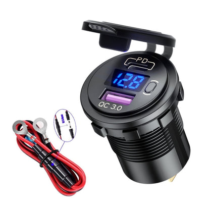 P21-B 12V Modified Car USB Charger With Voltage Display PD QC3.0 Socket(With 60cm Line Blue Light) - Car Charger by buy2fix | Online Shopping UK | buy2fix