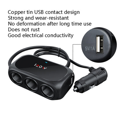 2 PCS Car Charger Cigarette Lighter 1 In 3 Mobile Phone USB Car Charger(Black) - In Car by buy2fix | Online Shopping UK | buy2fix