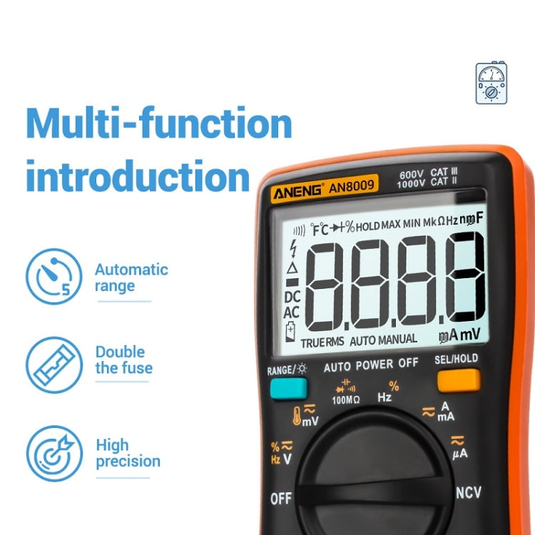 ANENG AN8009 NVC Digital Display Multimeter, Specification: Standard with Cable(Orange) - Current & Voltage Tester by ANENG | Online Shopping UK | buy2fix