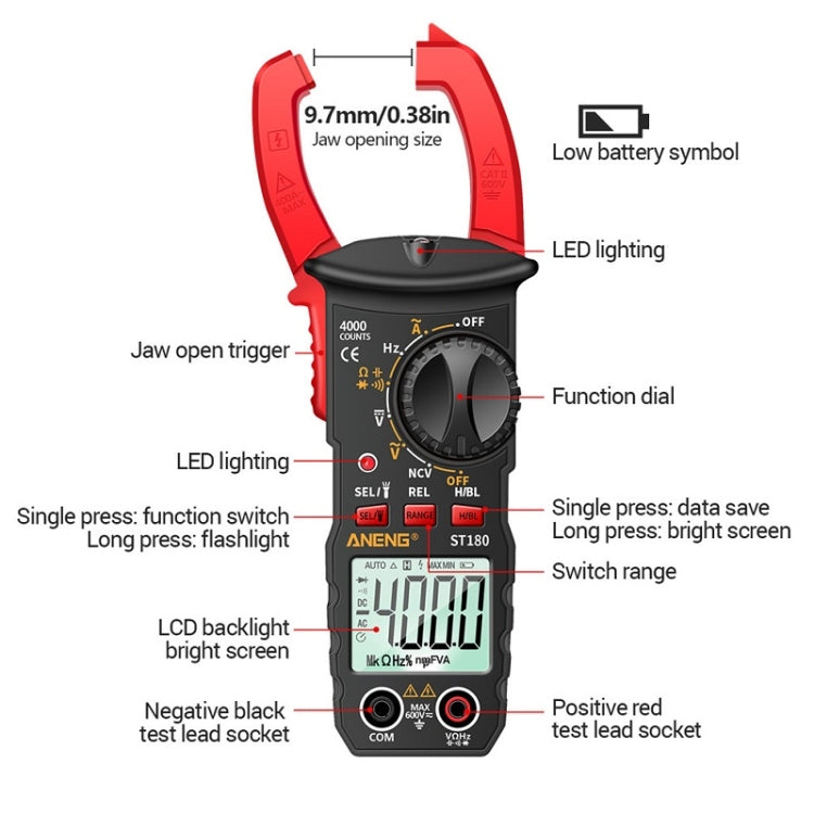 ANENG ST180 Digital Display Clamp AC & DC Intelligent Voltage Multimeter(Red) - Digital Multimeter by ANENG | Online Shopping UK | buy2fix