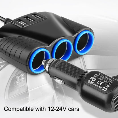2 PCS 120W Multifunctional USB 3 In 1 Car Cigarette Lighter Car Charger, Style: 3 Ports(Blue Black) - In Car by buy2fix | Online Shopping UK | buy2fix