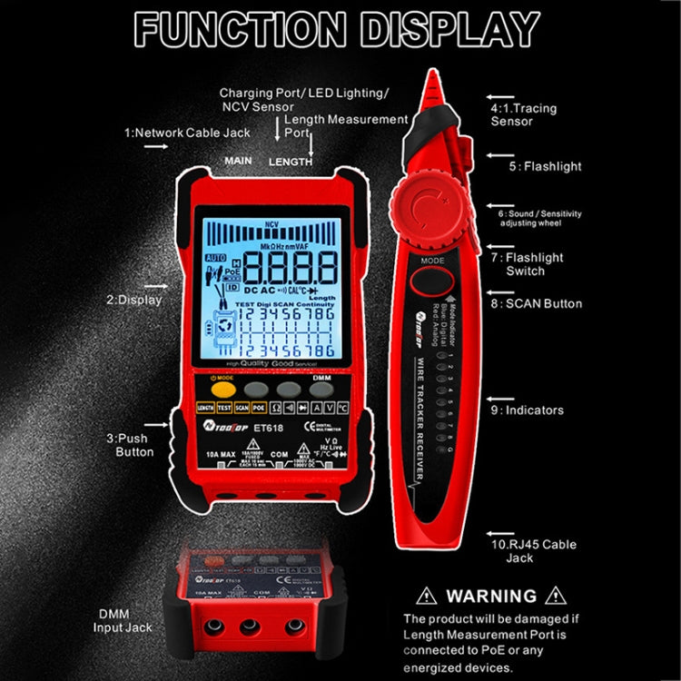 ET616  Rechargeable Adjustable Network Cable Tester Wire Tracker POE Cable Tester (Red) - Current & Voltage Tester by buy2fix | Online Shopping UK | buy2fix