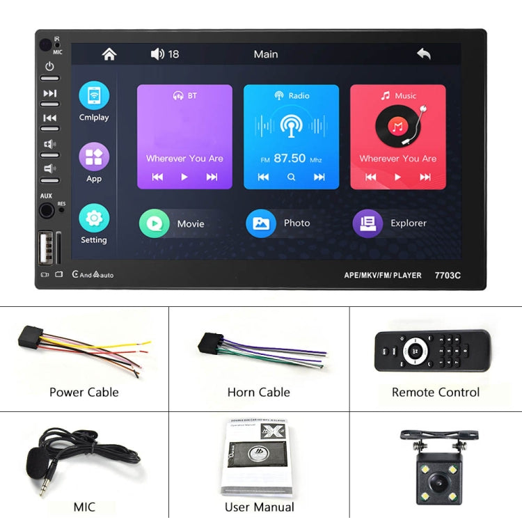 7703C 7 inch Car Double Butt Universal MP5 Bluetooth Player, Style: Standard+4 Light Camera - In Car by buy2fix | Online Shopping UK | buy2fix