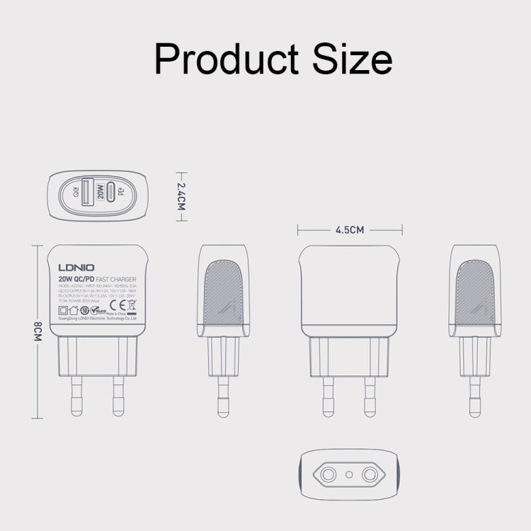 LDNIO A2316C 20W PD+QC 3.0 Phone USB Multi-hole Fast Charger EU Plug with 8 Pin Cable - USB Charger by LDNIO | Online Shopping UK | buy2fix