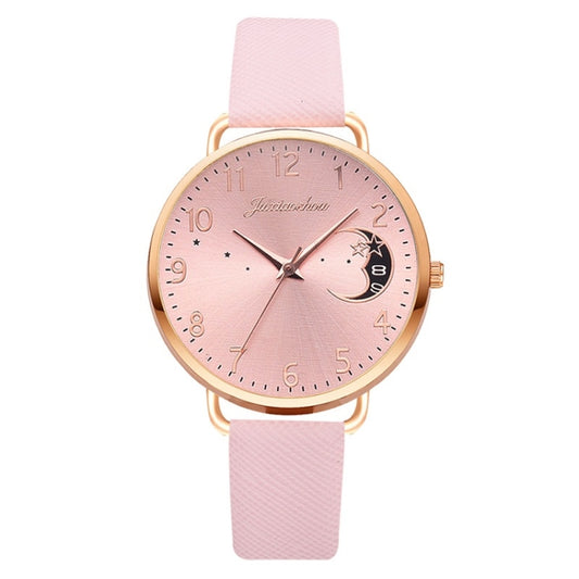 Ladies Moon Pattern Dial PU Strap Quartz Watch, Color: Pink - Leather Strap Watches by buy2fix | Online Shopping UK | buy2fix