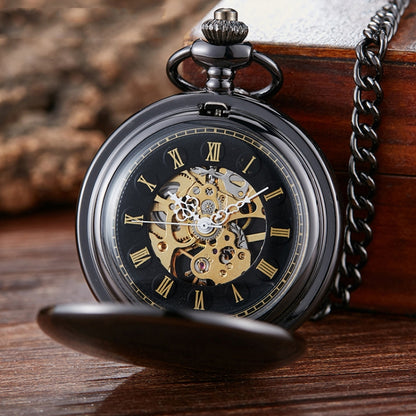 pm240 Classic Double Open Double Face Vintage Manual Mechanical Pocket Watch with Roman Lettering(Black Shell Black Face Gold Movement) - Necklace Watch Watches by buy2fix | Online Shopping UK | buy2fix