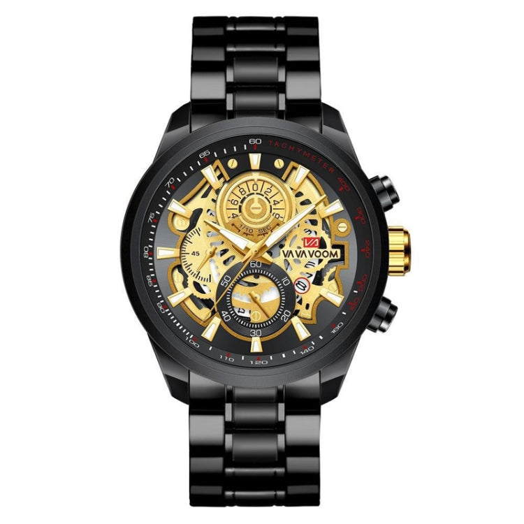 VAVA VOOM 2311G-JH2 Black Shell Steel Belt Men Waterproof Sports Luminous Calendar Casual Quartz Hollow Watch - Sport Watches by VAVA VOOM | Online Shopping UK | buy2fix