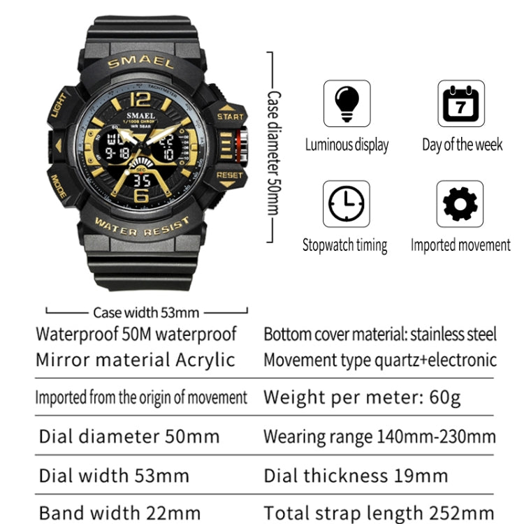 SMAEL 8065 Waterproof Sports Multifunctional Luminous Watch Men(Black Gold) - Sport Watches by SMAEL | Online Shopping UK | buy2fix